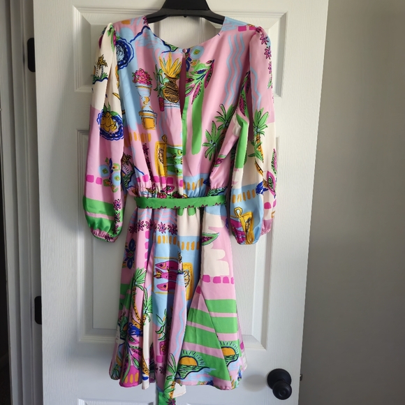 Sugarlips Curve Womens Plus 3/4 Balloon Sleeve Satin Mini Dress: Pink Tropical - Picture 2 of 14